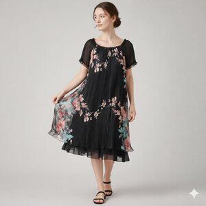 LORANZO ROMANZA Rare Find Pleated Chiffon Short Sleeve Floral Dress Women S/M
